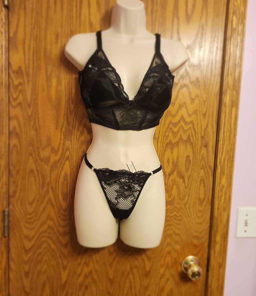 Victoria's Secret Black Lace  Bustier Sz XLG, Faux Leather Push Up Party Top
